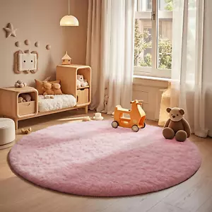 round Rug 4Ft Pink Circle Area Rug, Fluffy Fuzzy Bedroom Carpet, Plush Soft Shag - Picture 1 of 6