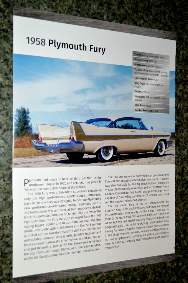 Hoja de especificaciones de información de Plymouth Fury 1958 impresión 58 318 Foto 1 de 1