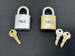 2 Vintage Yale Padlock Lock with Keys Silver Gold Blue Writing - Picture 1 of 14