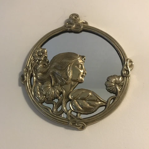 Vintage Lady w/Florals Art Nouveau Golden Brass Wall Mirror 10” Cover