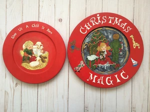 OOAK Vintage Set handbemalt Handarbeit Weihnachtsteller rot Holz signiert & datiert 1996 - Bild 1 von 9