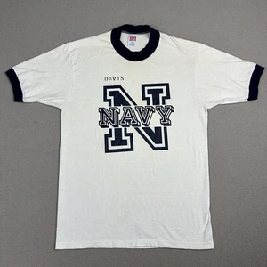 Vintage Military T Shirt 80s USA Ringer Soffe US Navy White Stencil Davis - Picture 1 of 7