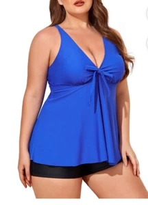 Plus Sz Swimsuit Bathing 2 PC Tankini Tummy Control Dress Boy Shorts Flowy - Picture 1 of 7