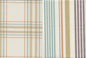 2 x Fabric Remnants Beige Stripes & Squares 34 x 32cm  55% Cotton Mix Villa Nova - Picture 1 of 3