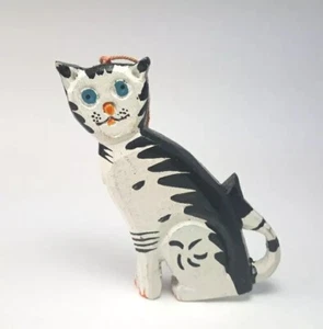 Adorno de madera para gato pintado a mano negro blanco rústico años 90 Navidad de colección 4 pulgadas - Imagen 1 de 9