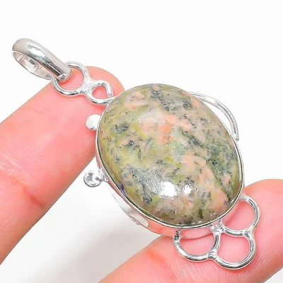 Pendente In Gemma Unakite Fatto A Mano In Argento Sterling 925 2.29" - Immagine 1 di 4