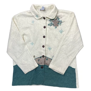 Teddi Beige Fleece Cardigan All Over Embroidered Womens Large - Picture 1 of 5