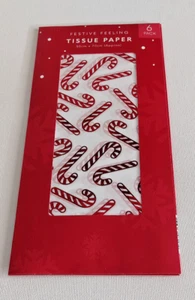 Pk 6 TISSUE PAPER WHITE RED/WHITE CANDY CANES 50cm x 70cm approx XMAS WRAPPING - Picture 1 of 2