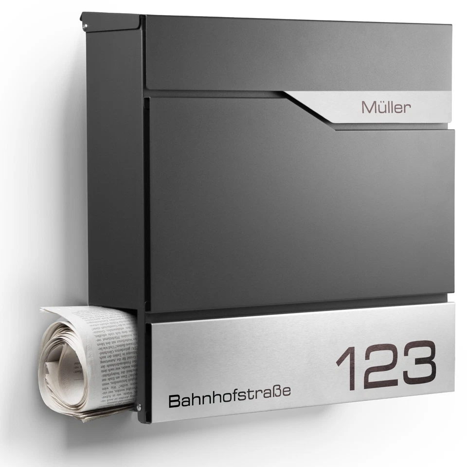 NEWHABITAT Moderner Briefkasten Anthrazit mit Zeitungsfach personalisiert inkl. Montagemat.