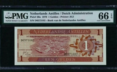 1970 Netherlands Antilles 1 Gulden PMG66 EPQ <P-20a> GEM UNC  - Image 1 of 2