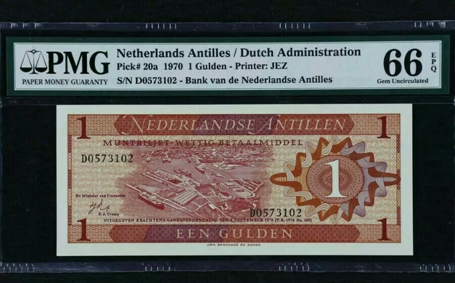 1970 Netherlands Antilles 1 Gulden PMG66 EPQ <P-20a> GEM UNC  - Image 1 of 2