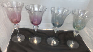 Romanian Set Of 4 Handcrafted Crystal Pastel Tulip Colony Goblets Multicolor