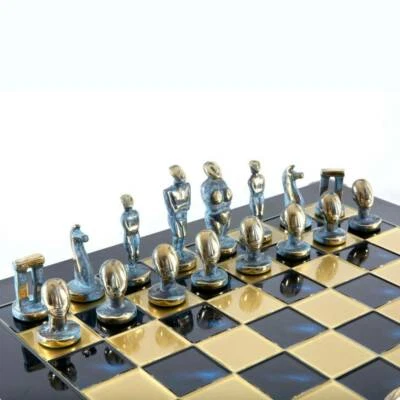 Manopoulos Cycladic Art Large Chess Set - Bronze Material - Blue Handmade Board - Image 1 of 4