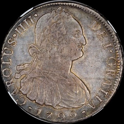 NGC AU55 LOVELY ORIGINAL COLONIAL NGC 8 REALE 1799 LIMA IJ PERU OLD WORLD TONED  - Image 1 of 4