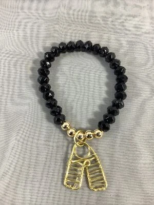 "Brazalete elástico hecho a mano con cuentas de cristal negro tono dorado de 6,5""" Foto 1 de 2