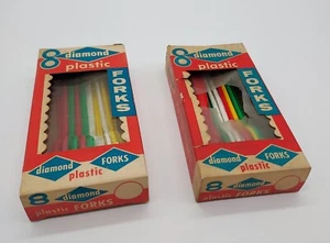 VTG 1970S RETRO RAINBOW PLASTIC LOT DIAMOND PICNIC PARTY FORKS in BOXES - Picture 1 of 14