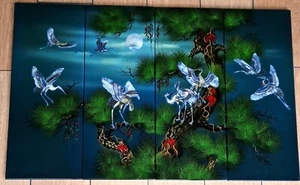 Asiatische Wanddeko Holz Lackbild Wandbild Perlmutt intarsiert Kranich Vögel - Bild 1 von 4