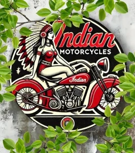 Indian Warrior Motorcycle 8" Round Metal Sign Garage Bar Gas Station Man Cave  - Picture 1 of 2