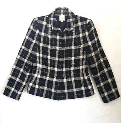 Blazer Anne Klein Talla 8 Negro Blanco Cuadros Cuadros Tweed Forrado Oficina Carrera Chaqueta Foto 1 de 4