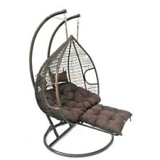 Brown Double Hanging Rattan Swing Patio Chair Weave Egg w Cushion Footrest Cover