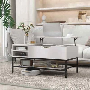 Living Room Flip Top Center Table Pull Up Coffee Table-White - Picture 1 of 6