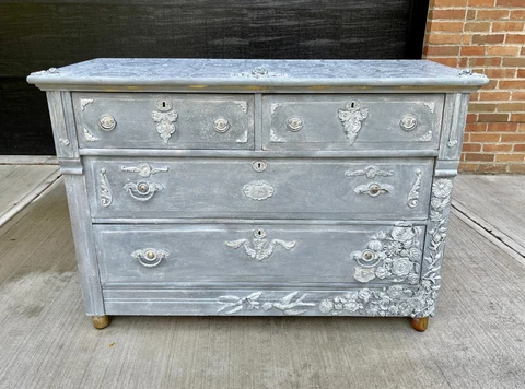 BEAUTIFUL Antique French Cottage Distressed Roses Commode Dresser Shabby Chic Cover