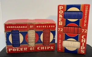 VNTG 1950s/60s “Unbreakable Noiseless Poker Chips” Red, White & Blue LOT OF 2 - Picture 1 of 14