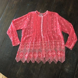 Top Johnny Was Baez Phaedra plissettato ricamato pizzo occhiello rosa bohemien taglia L - Foto 1 di 7