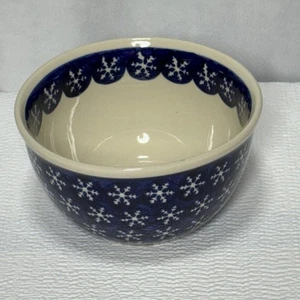 Boleslawiec Handmade Polish Pottery Stoneware Christmas Bowl Blue Snowflakes Vtg - Picture 1 of 6