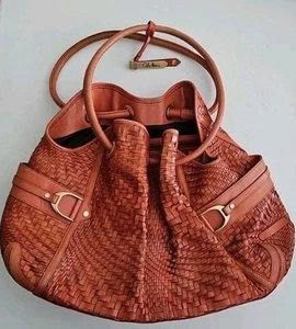 Cole Haan Genevieve Woven Triangle Tote Hobo Bag Purse Brown Medium Size - Picture 1 of 10
