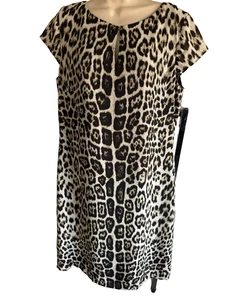 Alex Marie Trendy Leopard Print DRESS silky shift bost neck cap slv knee leng 14 - Picture 1 of 12