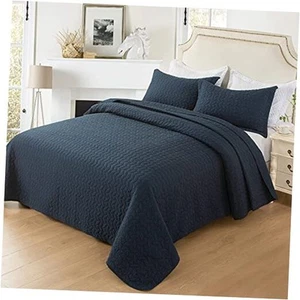 Summer Quilt Set, Twin Size Navy Blue Leaves Pattern 2 Pieces Quilt Set, - Picture 1 of 7