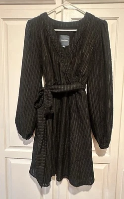 Vestido ModCloth Talla XL Negro Metálico Imitación Envoltura Fiesta Cóctel Cinturón Manga Larga Foto 1 de 4
