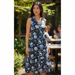 A New Day Dress Womens Medium Blue Floral Sleeveless Ruffle Hem Midi Tie Waist - Picture 1 of 11