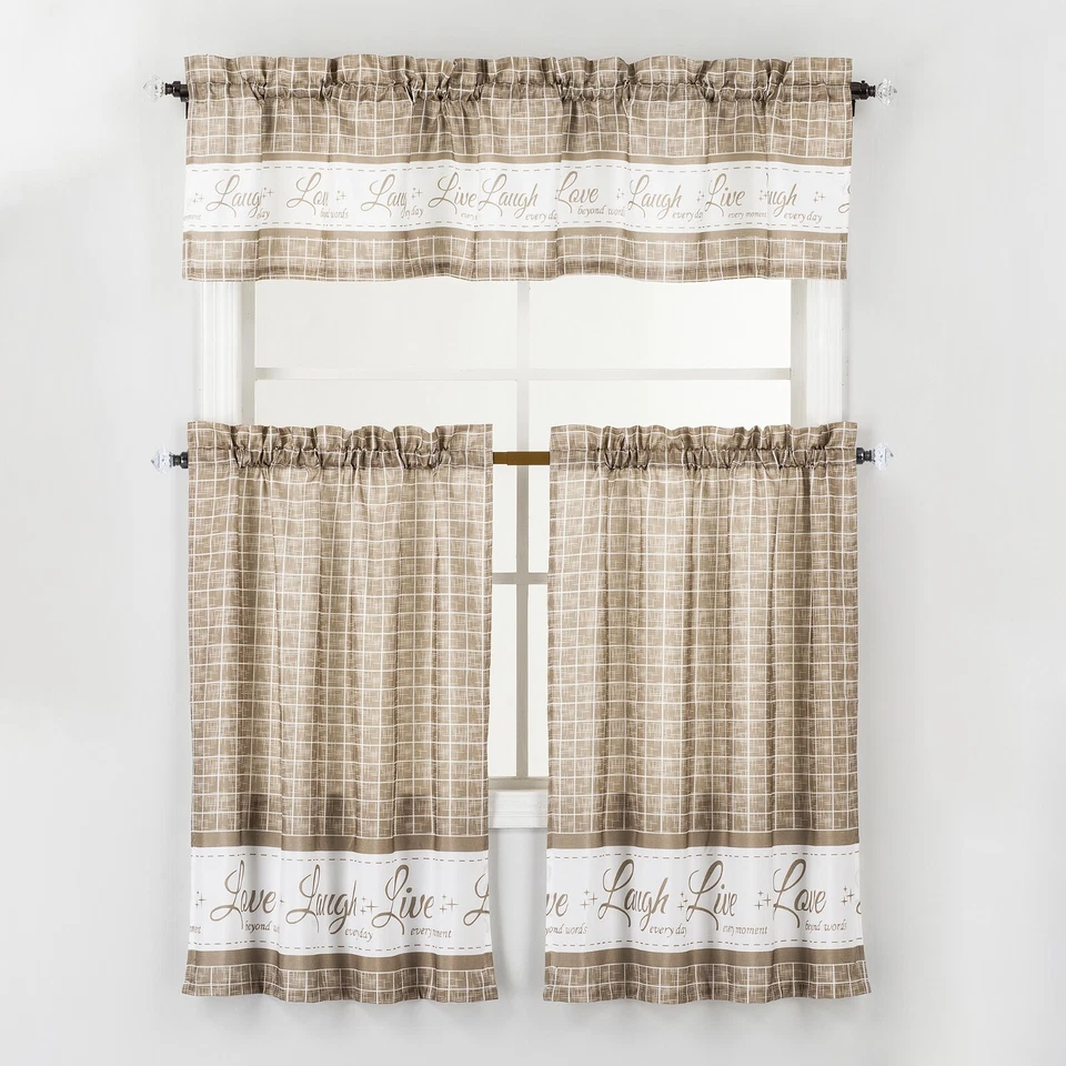 Juego de 3 niveles y cenefas de cortina de ventana de cocina a cuadros Live Love Laugh Check Foto 1 de 1
