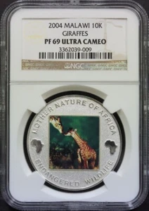 Malawi 2004 Mother Nature of Africa - Giraffe Silver Plate Brass Coin NGC 69 - Picture 1 of 4