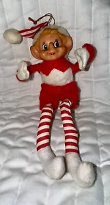 Vtg Knee Hugger Elf Pixie Rubber Face Ornament Red White Striped 9 1/2” - Picture 1 of 11