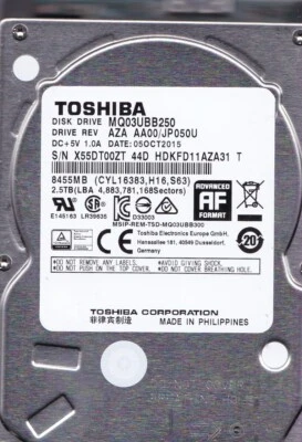 Toshiba MQ03UBB250  AZA AA00/JP050U HDKFD11AZA31 T G3959A 2.5TB 2.5 USB 3.0 3710 - Image 1 of 3
