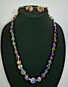 Vintage Murano Millefiori Glass Bead Necklace, Clip Earrings and Bracelet - Picture 1 of 10