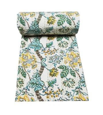 Indian Handmade Kantha Quilt Block Print Cotton Bedspread Throw Blanket Queen - Image 1 of 4