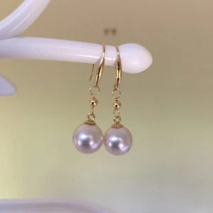 KG62 8.5mm Lovely Japanese Seawater Akoya Fairy Pearl Earring 18K Gold 31mm - Picture 1 of 10
