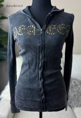 Nova JAQUETA COM CAPUZ VOCAL Feminina STUDDED PRETA MINERAL TINGIDA SINAL DE PAZ S M L MOTOCICLISTA - Imagem 1 de 4