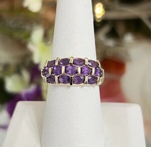 14k Yellow Gold 3 Row Amethyst Cluster Cocktail Ring Band Size 8.25