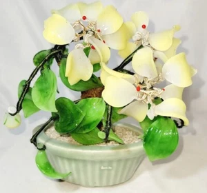 SMALL 5" VINTAGE ASIAN JADE-AGATE WHITE FLORAL BONSAI TREE IN CELADON POT-MARKED - Picture 1 of 11