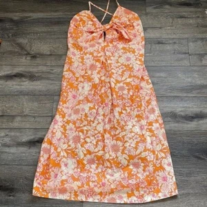 J. Rundhalsausschnitt vorne zum Binden Baumwolle Popeline Träger Schlüsselloch Midikleid orange Blumen Medium - Bild 1 von 9