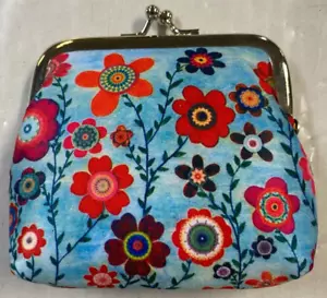 Blue/Orange Flowers Kiss Clasp Coin Purse 10cm x 9cm NEW Design by Sascalia - Picture 1 of 5