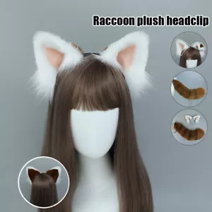 Lovely Faux Fur Raccoon Head Band Cosplay Furry Animal Ears Headwear Tail Set - Picture 1 of 14