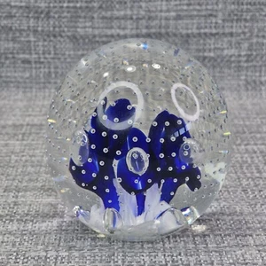 Joe St Clair Art Glass Clear Blue Flowers Bullicante Bubbles Paperweight - Picture 1 of 13