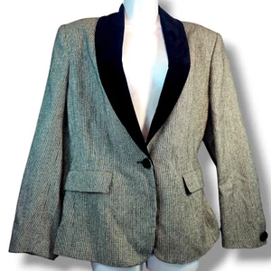 VTG Evan Picone Hounds-tooth Wool Blazer Jacket Sz 12 Gray & Black Velvet Lapels - Picture 1 of 16
