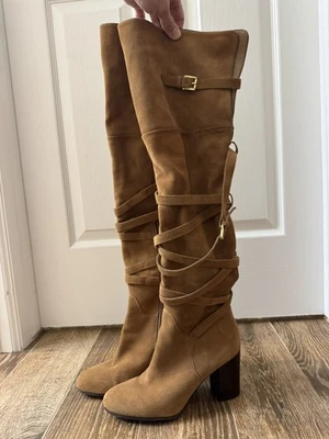 Sam Edelman Sable Tostado Gamuza Cuero Sobre la Rodilla 3.5" Tacón Botas Hebillas Talla 8 Foto 1 de 4